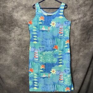 Vintage Peter Popovitch Midi Dress Size L Blue Sailboat Nautical Artsy Funky